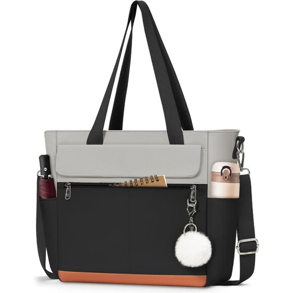 Women Black With Grey Multi-Pocket Waterproof Canvas Tote Bags with Zipper - Picture 1 of 6